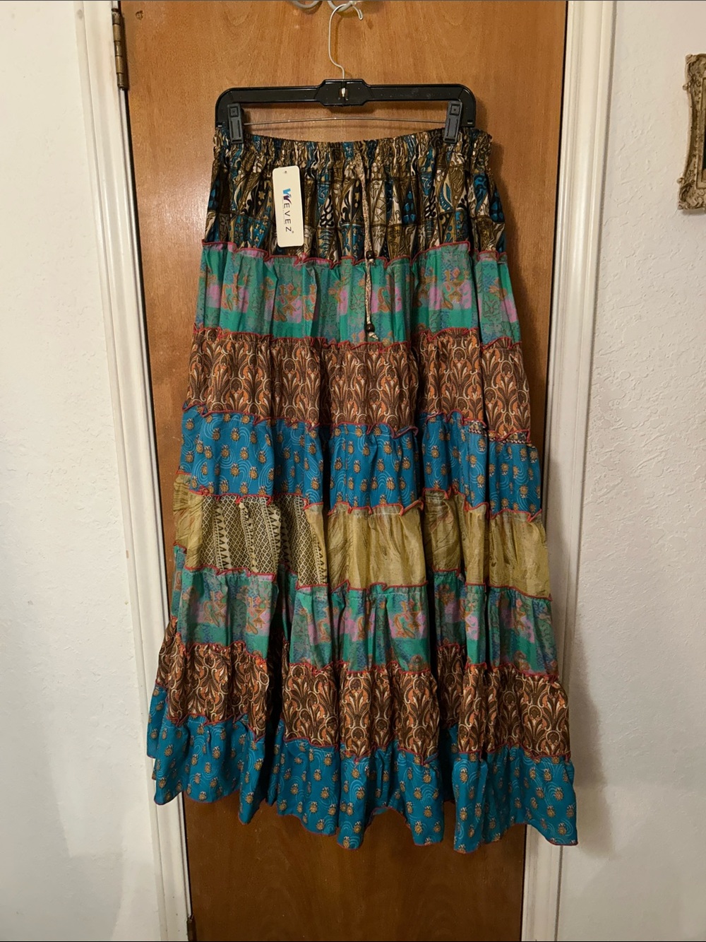 Tiered Bohemian SILK Maxi Skirt in Teal, Olive & Brown. NWT. OS